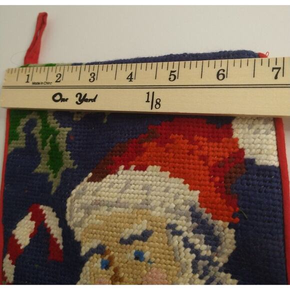 Vintage Needlepoint Santa Christmas Stocking 18" w/ Toys & Teddy Bear - Picture 5 of 8